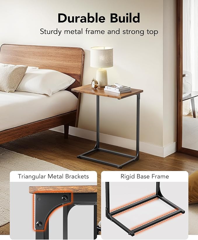 Pipishell C-Shaped Side Table, C Table for Sofa with Two-Piece Desktop & Metal Frame, Large Surface End Table for Living Room, Bedroom, Bedside, Rustic Design