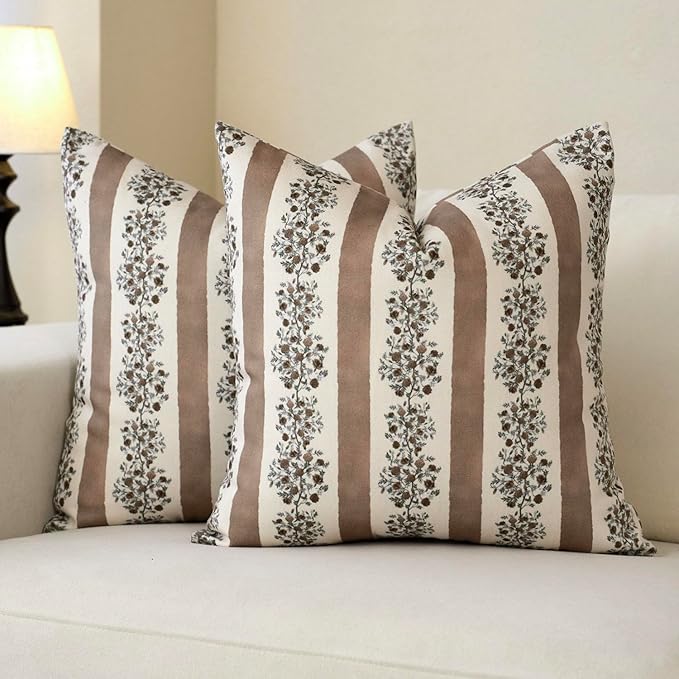 DOMVITUS Floral Throw Pillow Covers 24x24 Inch Set of 2, Block Print Decorative Pillow Covers Vintage Striped Neutral Farmhouse Boho Home Decor for Couch Sofa Bed Living Room, Brown