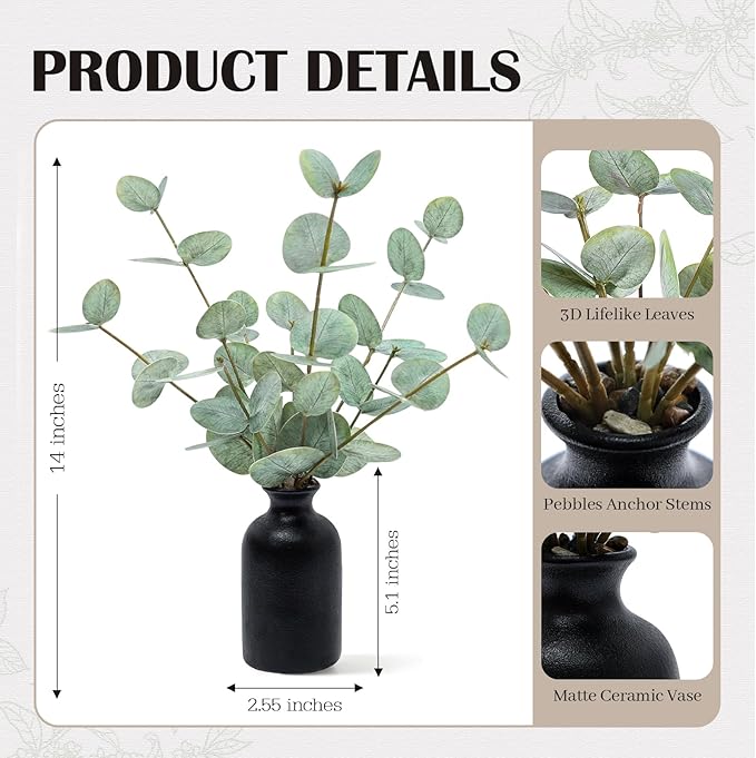 Artificial Eucalyptus Stems in Ceramic Vase, 14'' Fake Plants Greenery Stems for Home Decor Eucalyptus Plant for Bathroom Farmhouse Room Coffee Table Centerpiece Desk Shelf Faux Branches Decorations