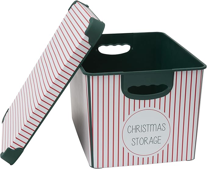 Simplify Christmas Stripe Design Holiday Tote Bin Ornament Storage | Holds 60 Ornaments | Removeable Lid | Easy Carry Handles | Christmas Storage | Green