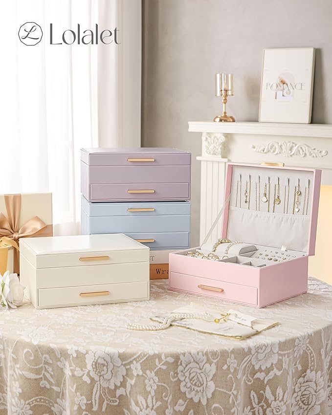 Lolalet 2-Layer Jewelry Box Organizer for Women Girls, Jewelry Storage Case Holder with Drawers for Necklaces Ring Earrings Bracelet Watch, Gifts Choice for Mom Mother’s Day -Beige