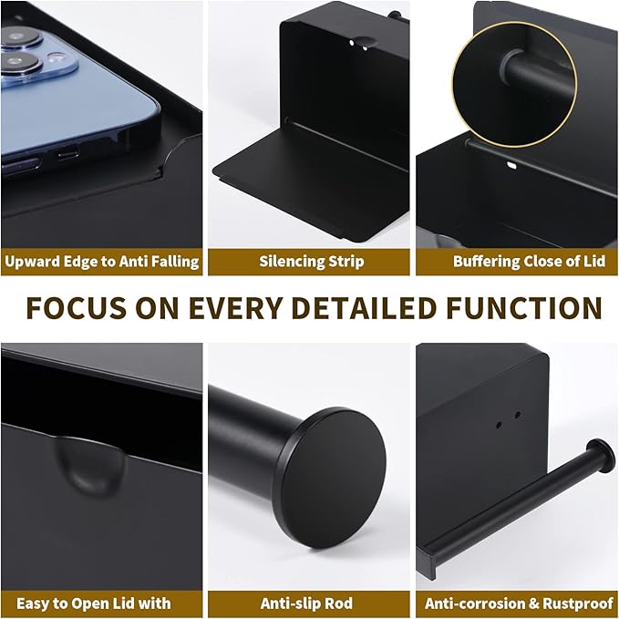 LAYUKI Toilet Paper Holder with Shelf, Wipe Holder for Bathroom, Large, Stainless Steel, Wall Mounted, Matt Black, Upgraded Toilet Paper Holder