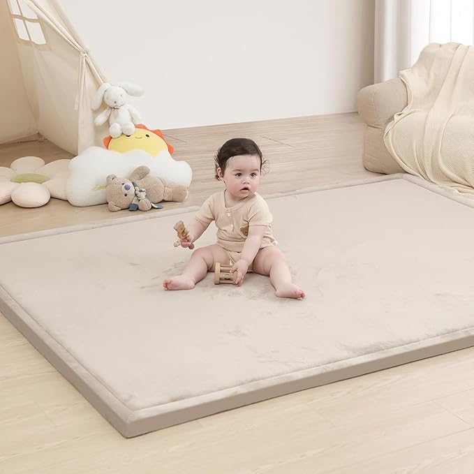 Baby Play Mat for Floor,1.3" Thick Memory Foam Tummy Time Mat for Toddlers,Infants,Kids,Water-Repellent Soft Nursery Rug,71"×79" Extra Large Non Slip for Crawling&Yoga,Tatami Style for Living Room(Beige)
