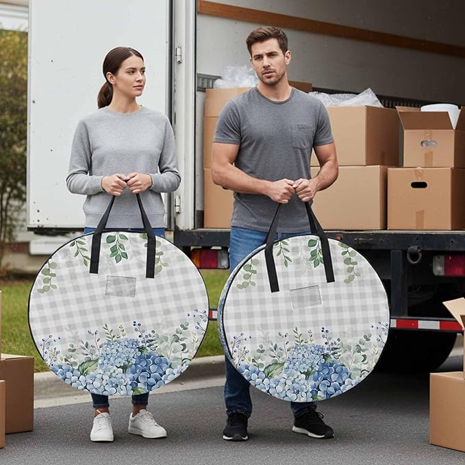 Storage Bag Blue Hydrangea Round Storage Totes Bins Closet Organizers with Zippers & Handle Green Eucalyptus Leaves Grey Plaid Clothes Storage Container for Bedroom Dorm Space Saving Packing Supplies