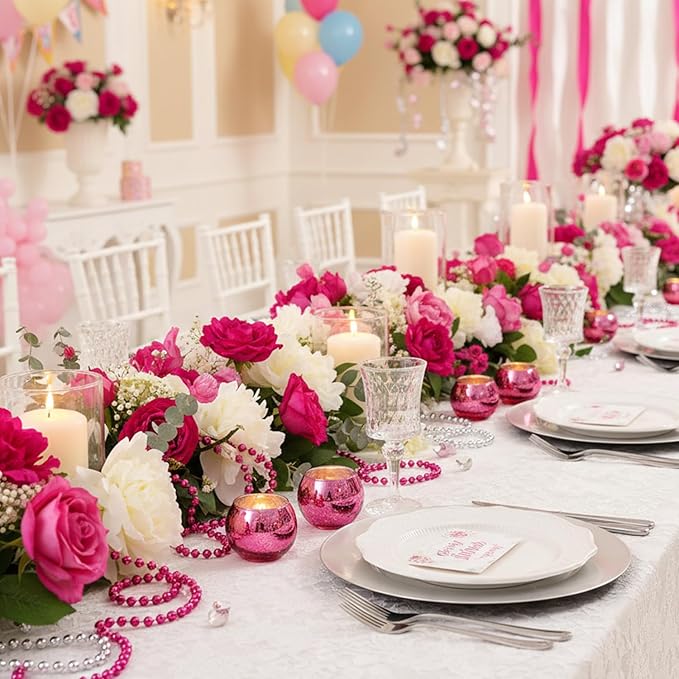 LAMORGIFT 12 Pcs Hot Pink Candle Holders for Barbie Birthday Party Decorations- Summer Bridal Shower Decorations, Votive Candle Holders for Wedding, Pink Candle Centerpieces for Disco, Cowgirl Party