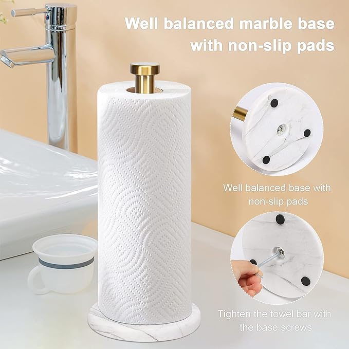NearMoon Standing Paper Towel Holder, Kitchen Paper Towel Tissue Holder- for Bathroom Kitchen Countertop, Standard or Jumbo-Sized Roll Paper (with Marble Base, Brushed Gold)