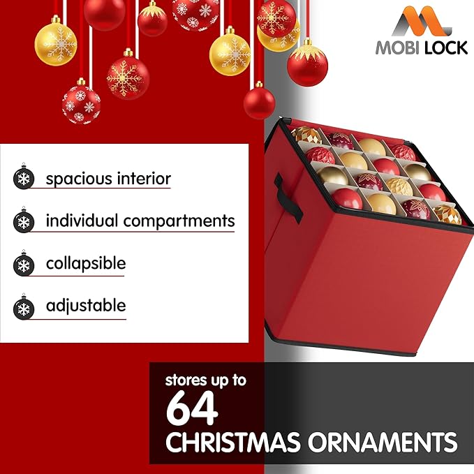Mobi Lock Christmas Ornament Storage Box with Dividers - Holiday Ornament Organizer Bag - Holds 64 Balls - Durable Red Fabric Container, No Tray - Foldable Xmas Decorations Storage