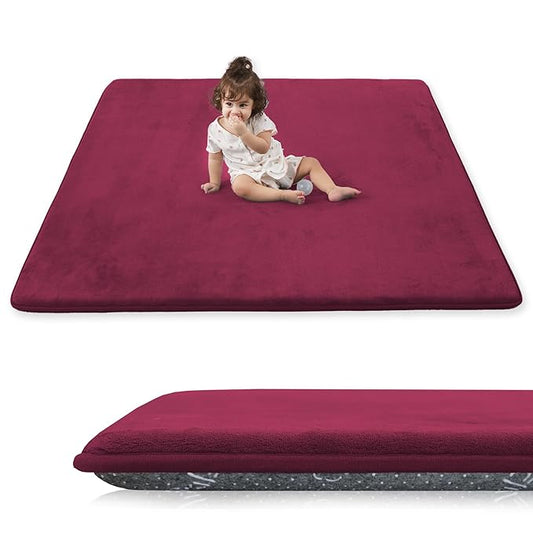 1.3" Thick Baby Play Mat for Floor, 79x79 Playpen Mat, Pro Soft Flannel Foam Mats Toddler Infant Kids Crawling for Nursery Rug Playroom Living Room Waterproof Easy Care Non-Slip (Burgundy)