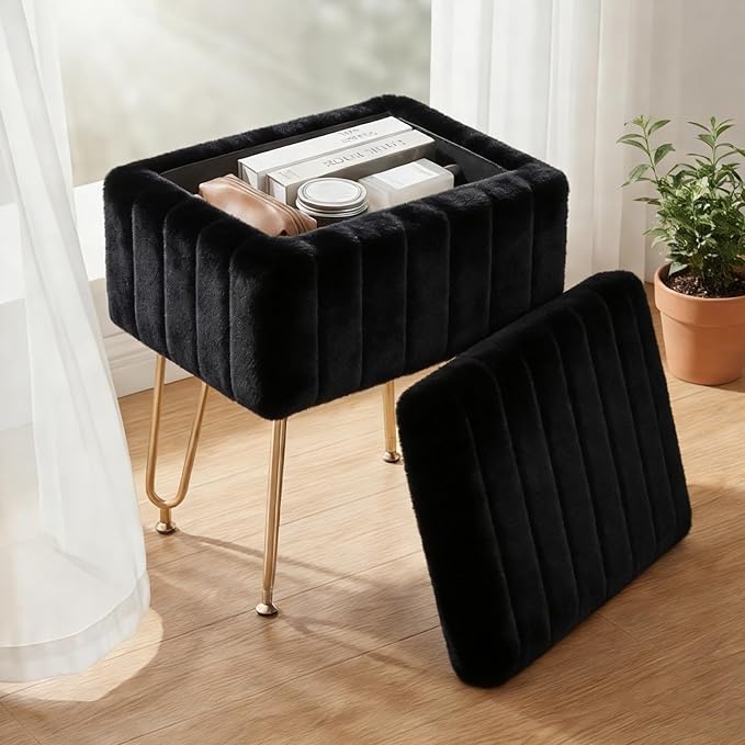 DUMOS Vanity Stool Chair with Storage, Small Ottoman Faux Fur Soft Padded Footstools Seat with 4 Metal Legs Anti-Slip Adjustable Feet Modern Footrest for Home Entryway Bedroom Makeup Black