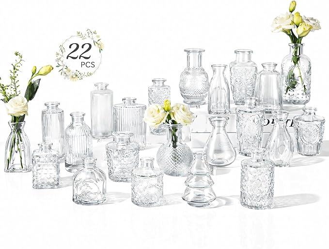RUCKAE Small Clear Bud Vases Bulk 22 Pack Mini Flower Glass Vases for Centerpiece Table Wedding Decorations Home Decor Party