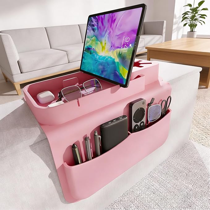 Silicone Couch Cup Holder Tray with Tablet & Phone Stand, Anti-Slip Sofa Arm Organizer with Dual Side Pockets for Remotes, Snacks, Headphones, Glasses, Drinks (Pink)
