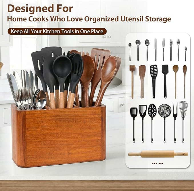 Kitchen Utensil Holder for Countertop, Extra Large Acacia Wood Utensil Organizer, 3-Compartment Storage for Cooking Utensils, Silverware and Cutlery