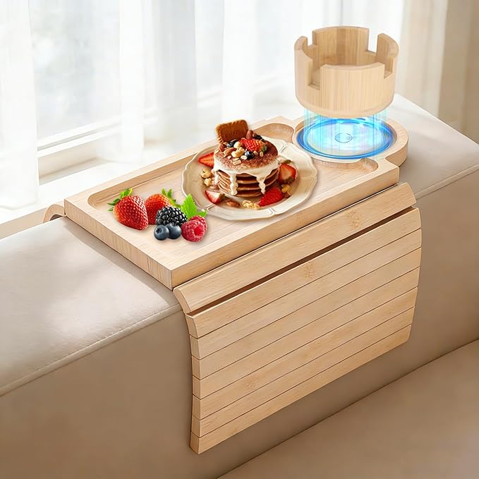 Couch Cup Holder Tray, 3-in-1 Bamboo Couch Armrest Table with 360° Rotating Magnetic and Detachable Phone Holder Stand, Foldable Anti-Slip Sofa Arm Tray for Remote, Phone, Snacks and Drinks