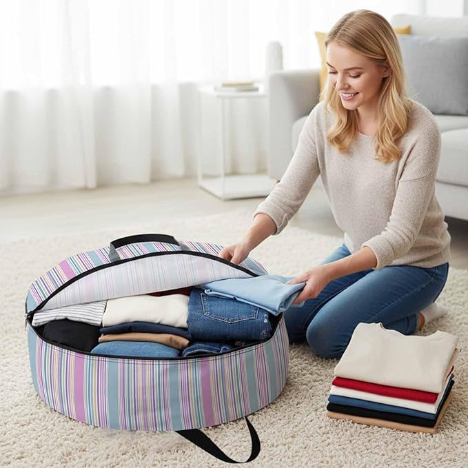 Storage Bag Pink Striped Round Storage Totes Bins Closet Organizers with Zippers & Handle Geometric Blue Stripes Clothes Storage Container for Bedroom Dorm Space Saving Packing Supplies Moving Bags
