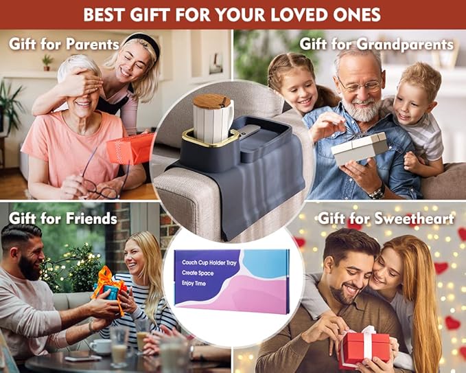 Couch Cup Holder Tray, Elimiko Silicone Anti-Spill and Anti-Slip Couch Drink Holder, Strong and Weighted Phone/Remote/Snacks Sofa Cup Holder (Brown)