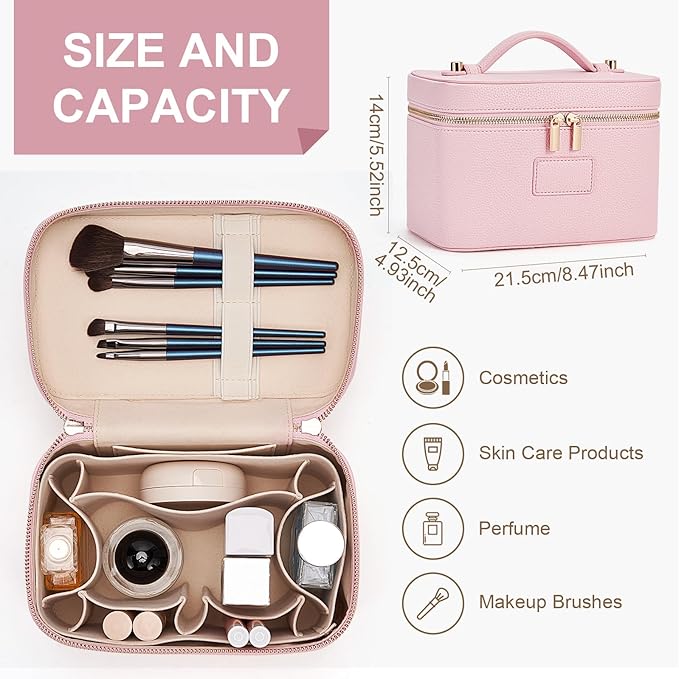 HiTotes Makeup Bag Vanity Case for Women Leather Cosmetic Bag Travel Toiletry Bags Portable Makeup Organizer Case