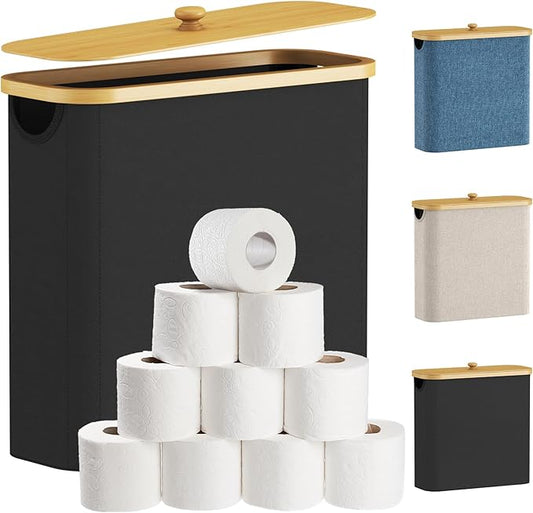 Lifewit Toilet Paper Storage Holder for 12 to 16 Rolls, Free Standing Toilet Paper Basket Stand with Bamboo Lid, Collapsible Fabric Bathroom Organizer Box for Mega Rolls, 30L, Extra Large, Black