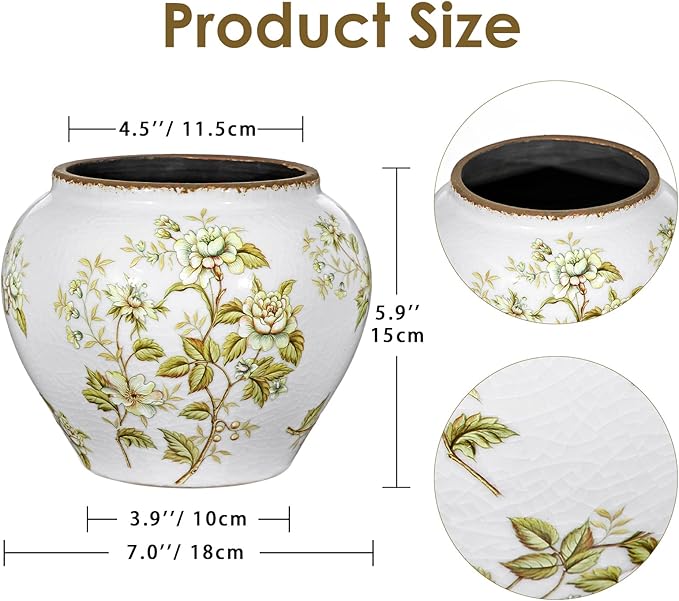 Hollyone White Vase Ceramic Chinoiserie Porcelain Vase 7inch Flower Vases Classic Decorative Floral Vases for Bedroom Living Room Console Table Accent Shelf Tabletop Home Decor