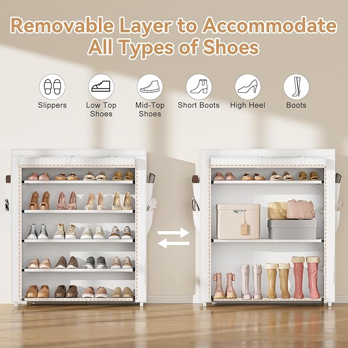 VILICK Shoe Rack with Cover, 5 Tier Shoe Organizer Storage for 20-24 Pair Shoes and Boots Large Shoe Storage Shelf Space Saving Vertical Shoe Rack for Closet, Front Door Entrance, Dorm, Garage, White