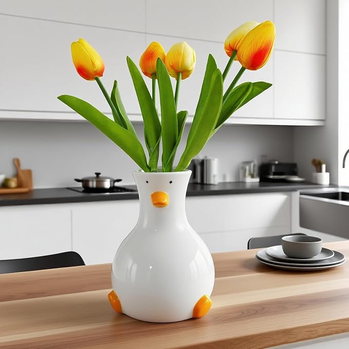 MOUGIGI Handcrafted Ceramic Duck Vase - White Modern Flower Vase with Unique Duck Design - Round Aesthetic Table Decor - Funky and Trendy Art Vase