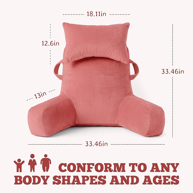 Unisakey Portable Reading Pillows with Headrest for Bed Sitting Up(Dark Pink Oeko-Tex), Velvet Back Pillow with Arms & Pockets for Adults, Support Memory Foam Bed Pillow for Dorm/Watching/Gaming