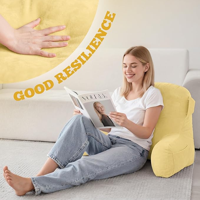 Unisakey Portable Comfy Reading Pillows for Bed Sitting Up(Yellow Oeko-Tex), Velvet Back Pillow with Arms & Pockets for Adults, Support Memory Foam Bed Pillow for Dorm/Reading/Watching/Gaming