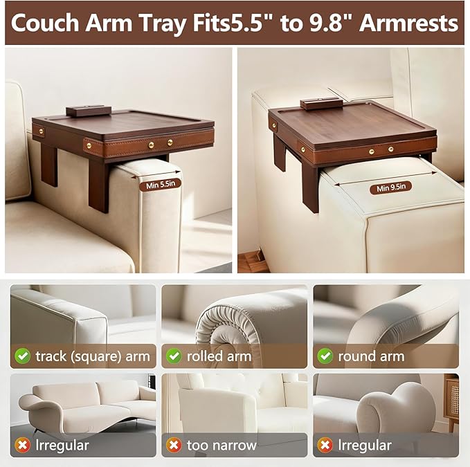 Couch Armrest Tray with Bamboo - Adjustable Sofa Arm Table with 360° Rotating Phone Holder and Hidden Storage Compartment for Snacks, Drinks, Remote, Fits Sofa Width of Armrest 5.5" - 9.8" (Brown)