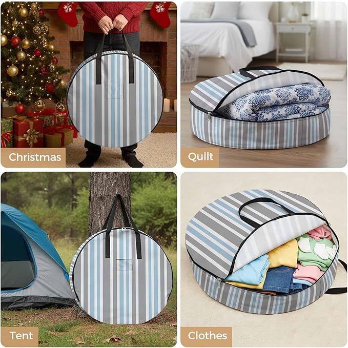 Storage Bag Blue Stripes Round Storage Totes Bins Closet Organizers with Zippers & Handle Grey Striped Lines Clothes Storage Container for Bedroom Dorm Space Saving Packing Supplies Moving Bags