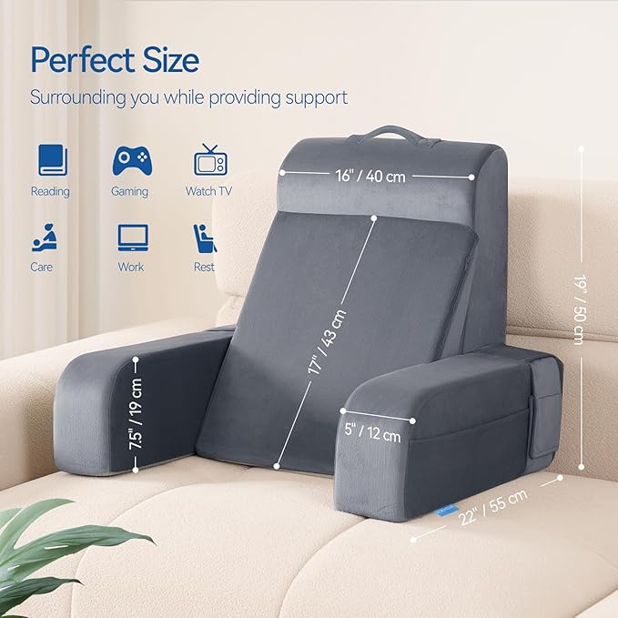 Kayfia Reading Pillow, 10 in 1 Back Pillow for Bed Sitting up with Detachable Arms Rest, Back Rest with Gel Memory Foam, Reading/Gaming/Working in Bed or Couch 19", Gray
