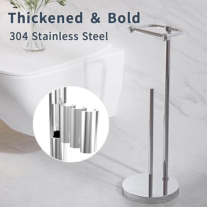 RARXTR Toilet Paper Holder Stand, Post Pivoting Design Free Standing Toilet Paper Holder with Storage for 4 Rolls, SUS304 Stainless Steel Tissue Holder with Reserve, Heavy-Duty Base (Chrome)