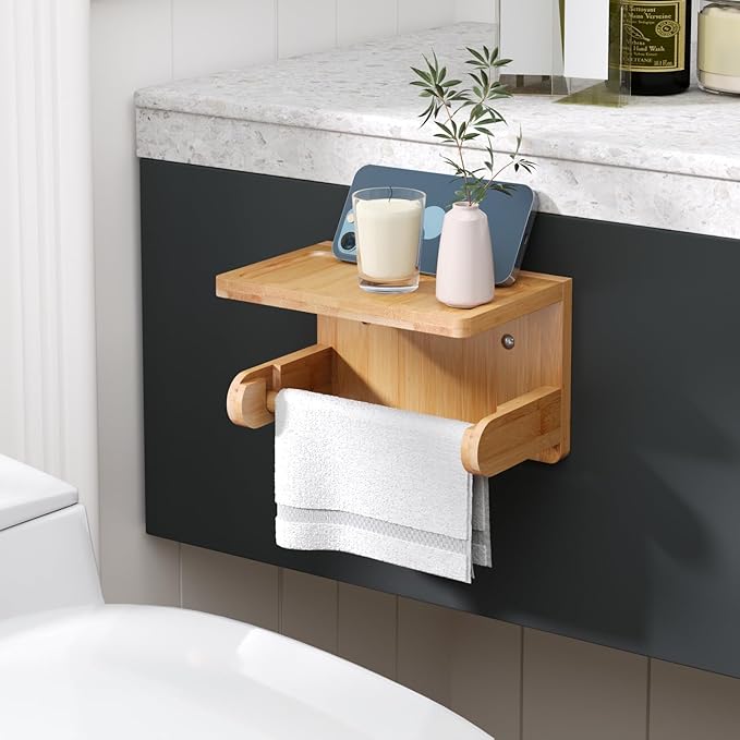 VERTORGAN 2 Pack Toilet Paper Holder with Phone Shelf,Bamboo Wall Mounted Tissue Roll Holder for Bathroom(Natural)
