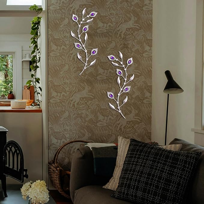 sxnzequnze 2 Pcs Metal Leaf Wall Art Crystal Bling Decorations Silver Leaves 3D Iron Handmade Home Decor Hanging Minimalist Accents Modern Set for Living Room Bathroom Bedroom Dining Room Hallway