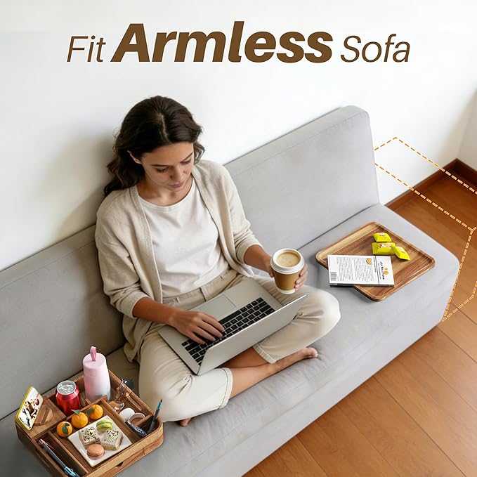 Couch Cup Holder, Couch Tray Cup Holder Sofa Tray, Acacia Wood Large Capacity 2-Tier Wooden Trays with Drawer for Sofa, Bed, Picnic, Drinks, Snacks, Remote, Cell Phone 12.5 * 12.5 in