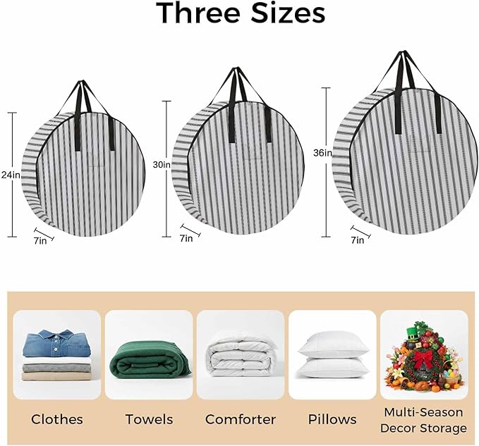 36 Inch Round Storage Bag 1 Pack,Grey White Stripes Modern Minimalism Waterproof Wreath Storage Container with Handles&Zipper Geometric Striped Art Closet Organizer Bags Garland Box