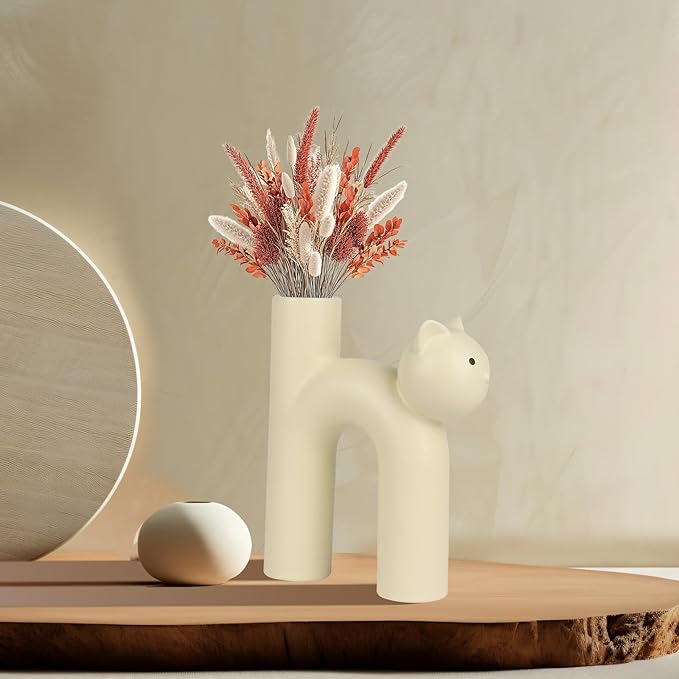 Cat Vase for Flowers, Ceramic Cat Decor for Home, Minimalist Flower Vase for Dried Flowers & Pampas Grass, Cat Lover Gifts for Women, Cat Mom Gifts, Cute Desk & Shelf Decor, Creamy Beige