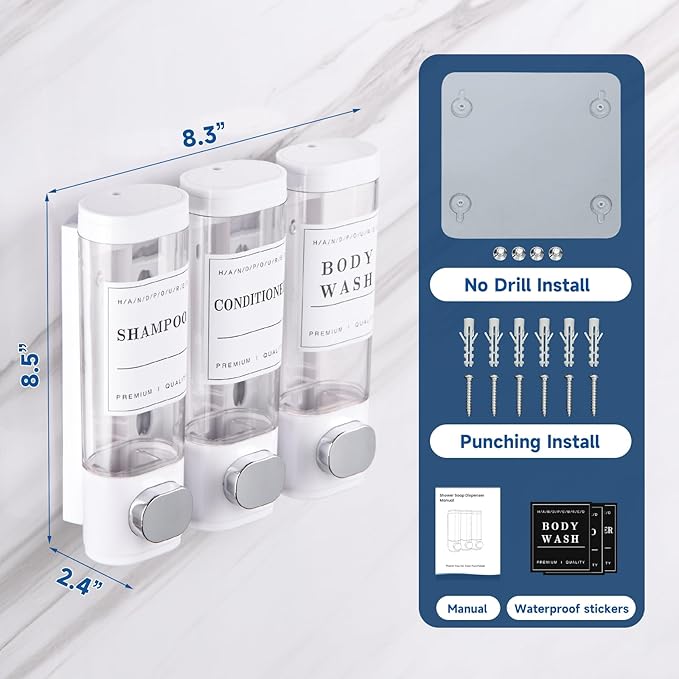 Shampoo and Conditioner Dispenser Shower Soap Dispenser Wall Mounted No Drill Shampoo Dispenser for Shower Wall Bathroom Hotel 3 * 300ml White