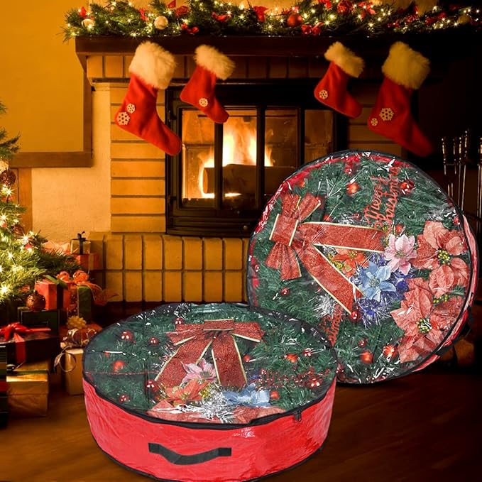 Propik Christmas Wreath Storage Bag 30" - Garland Holiday Container with Clear Window - Tear Resistant Fabric - 2 Pack (30 Inch, Red)
