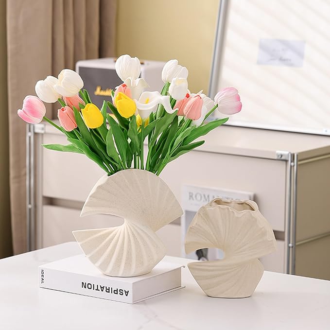 Ceramic Shell Shaped Vase,Handmade Textured Art Vases, Modern Minimalist Home Decor Accent Pieces for Mantel, Tabletop & Bedroom Decorative Display