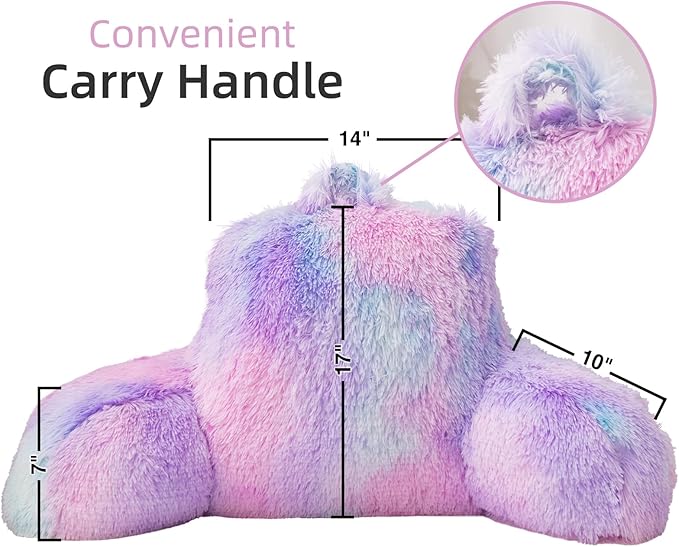 A Nice Night Faux Fur Reading Pillow Bed Wedge Children Backrest with Arms Back Support for Sitting Up in Bed/Couch,Tie Dye BluePurple,Standard