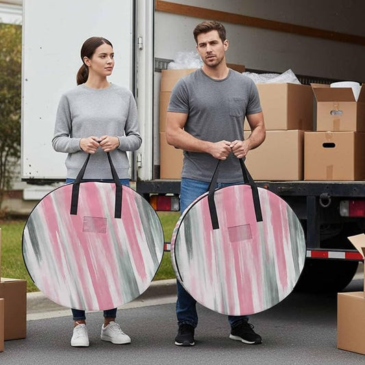 24 Inch Round Storage Bag 2 Pack,Pink Grey Oil Painting Art Waterproof Wreath Storage Container with Handles&Zipper Modern Abstract Closet Organizer Bags Garland Box