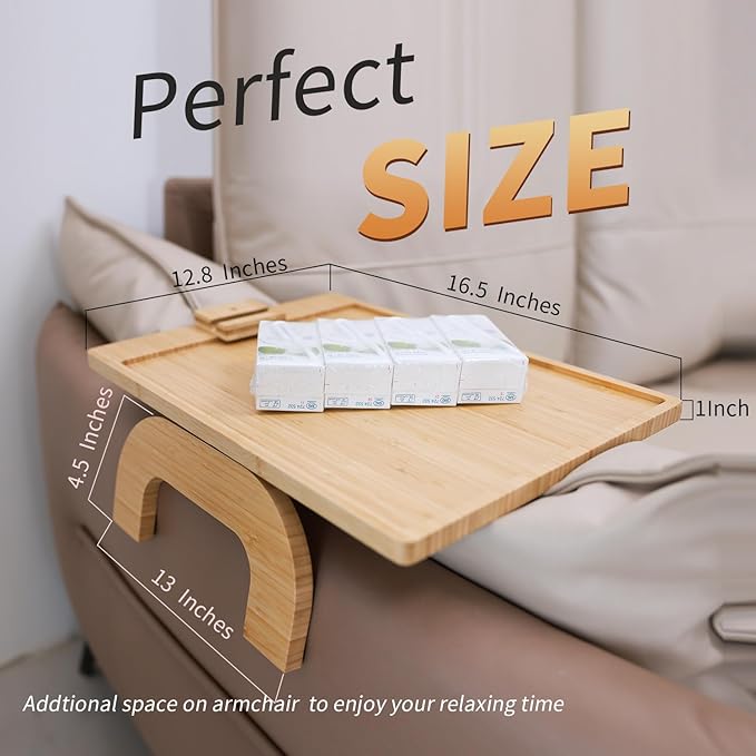 ArtBeek Couch Arm Tray for Large Size Sofa Arm, 12.8 inch Width Bamboo for Sofa Arm Over 11" on Side Table, Foldable Couch Armrest Table with 360° Phone Holder for Eating/Drinks/Snacks/Remote/Control