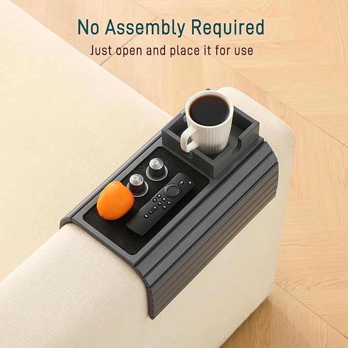 Bamboo Couch Cup Holder Arm Tray Table with Anti-Slip Cork Pad，Couch Drink Holder，Sofa Cup Holder Armrest Tray，Foldable Arm Chair Table Recliners for Drink, Cups, Eats，Snacks, Phone, Remote (Gray)