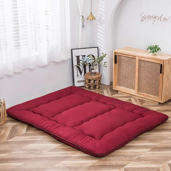 MAXYOYO Japanese Floor Futon Mattress - Thicken Sleeping Pad, Foldable Roll Up Mattress Topper, Guest Floor Couch Mat, Burgundy, Queen