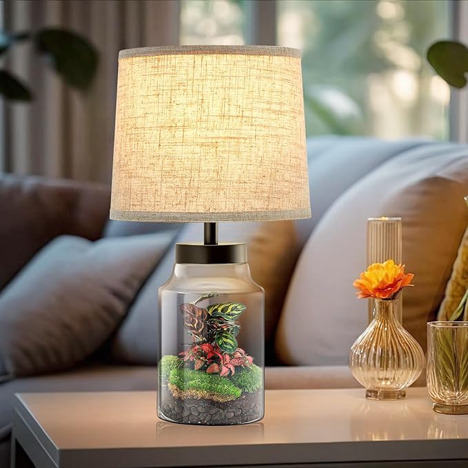 GyroVu Table Lamp Set, Fillable Table Lamp with Clear Glass Nightstand Lamp Set of 2 Beside Lamp for Living Room Bedrooms Office Bulbs Included(Oat Lampshade)