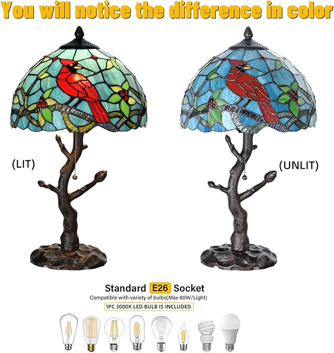 TL0035 Tiffany Style Stained Glass Table Lamp, Cardinal Bird Desk Lamp with Branch Base, W 12" x OH 21", Great for Home Decor & Night Lighting, LED Bulb Included (Red Cardinal)