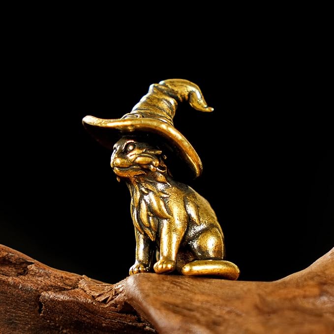 CHOVY Retro Handcrafted Witch Cat Ornament - 100% Solid Brass Desk Decor | Enchanting Feline Sculpture with Wizard Hat Unique Gift for Cat Lovers & Magic Enthusiasts