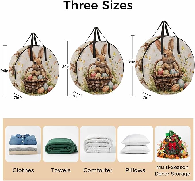 30 Inch Round Storage Bag 2 Pack,Watercolor Bunny Easter Egg Flower Waterproof Wreath Storage Container with Handles&Zipper Farm Grass Basket on Flax Closet Organizer Bags Garland Box
