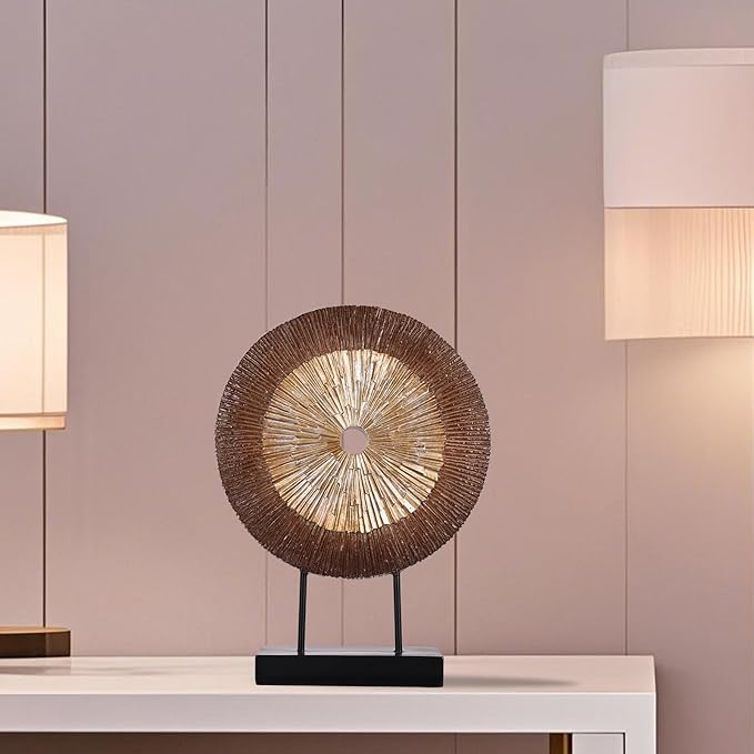 12" Tall Abstract Brown Gold Round Sculpture - Unique Wood Color Home Decoration for Above Cupboard Decor, Living Room Coffee Table, Console, Office, Entrance, Table Centerpieces (Brown Gold)