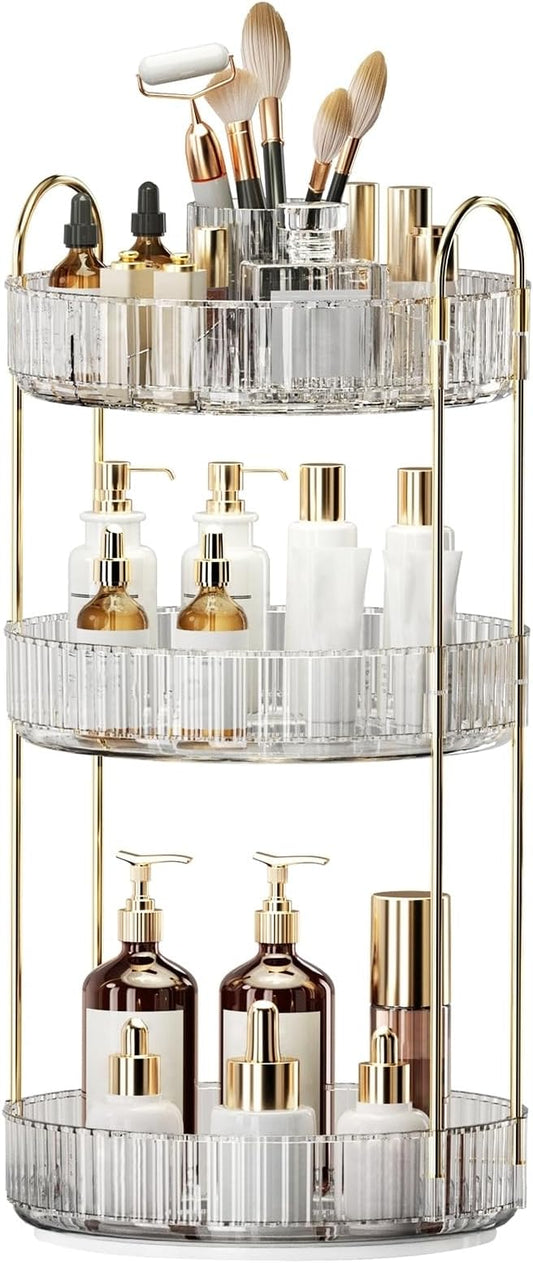 360° Rotating Makeup Organizer, Large-Capacity Skincare Make Up Storage 3 Tier Perfume Organizers Cosmetic Dresser Organizer with Makeup Brush Holder, Fits Bedroom, Bathroom, Vanity Shelf Countertop