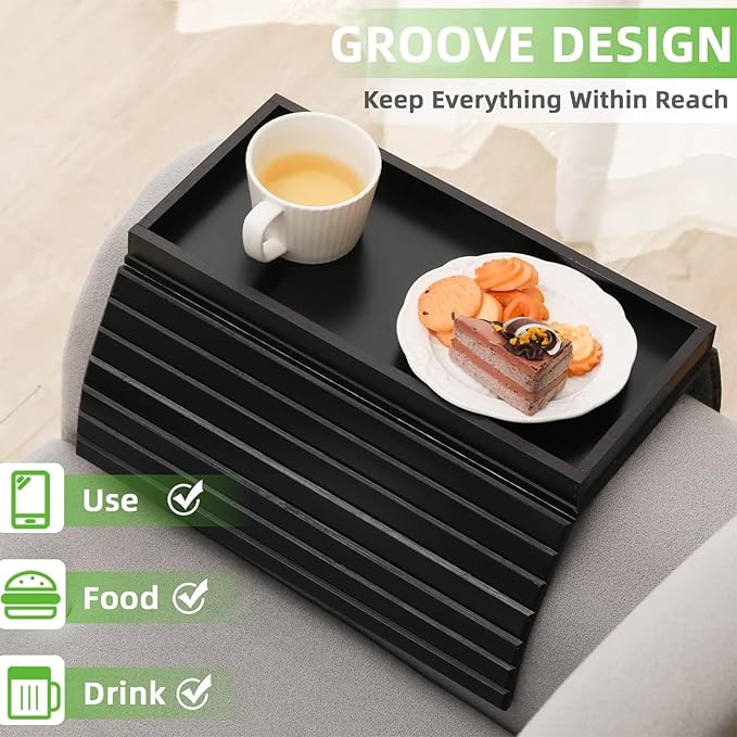 Bamboo Sofa Arm Tray with 2Pcs Cup Mats, Foldable Sofa Armrest Tray Side Table, Anti-Dropping Couch Armrest Table Cup Holder for Eats Drinks Snacks Remote Cellphone Cup Holder(Black)